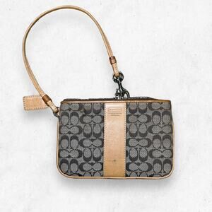 Coach Signature Jacquard Wristlet Tan‎ Leather Trim & Brown Fabric BROKEN ZIP